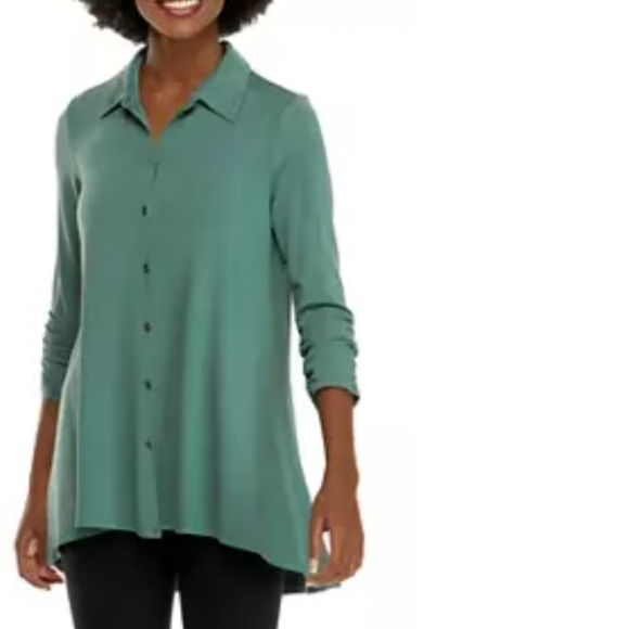 New Directions Julianna Crepe Tunic Button Down, Ruched Sleeve, Squash Yellow. - Picture 10 of 10
